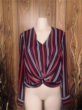 Express Striped Twist-Front Blouse in Red, Black & White